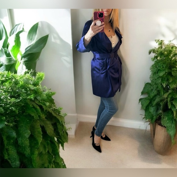 Anne Klein Jewel Tone Purple 100% Silk Long trench coat Jacket - Size Large - Picture 3 of 6
